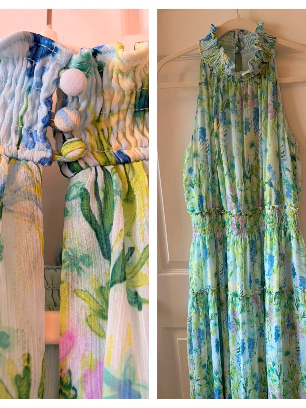 Floral Halter Maxi Dress  10 - Light Blue & Green